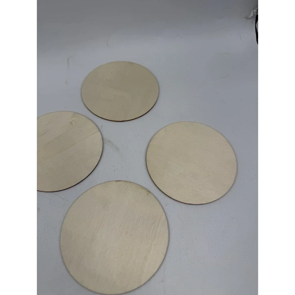 Set Of 8 Wooden Painted Coffee Themed Coasters NEW Natural Wood